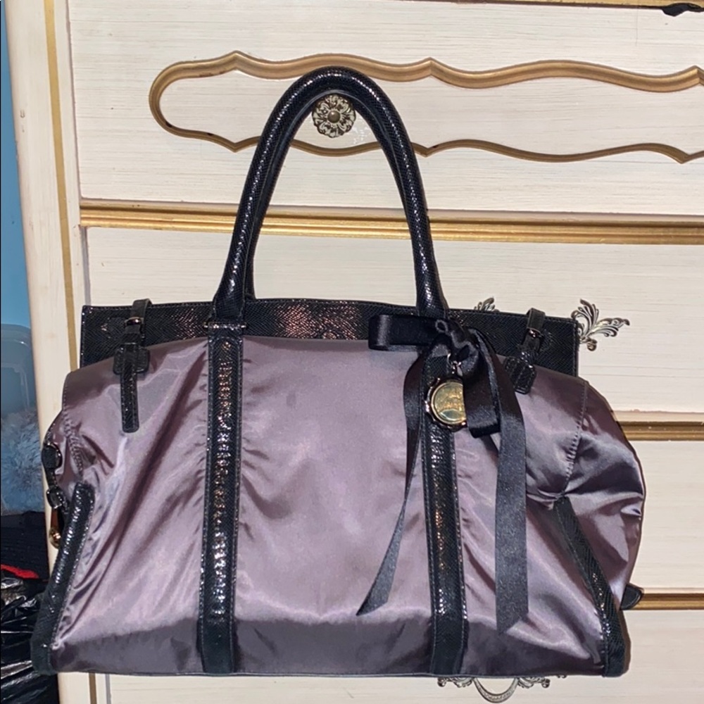 Henri Bendel charcoal black bow satin roll bag